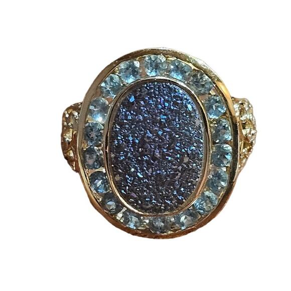 Heng Ngai 14K Yellow Gold Blue Topaz Druzy Quartz Ring Cocktail Statement Size 6 - Picture 2 of 8